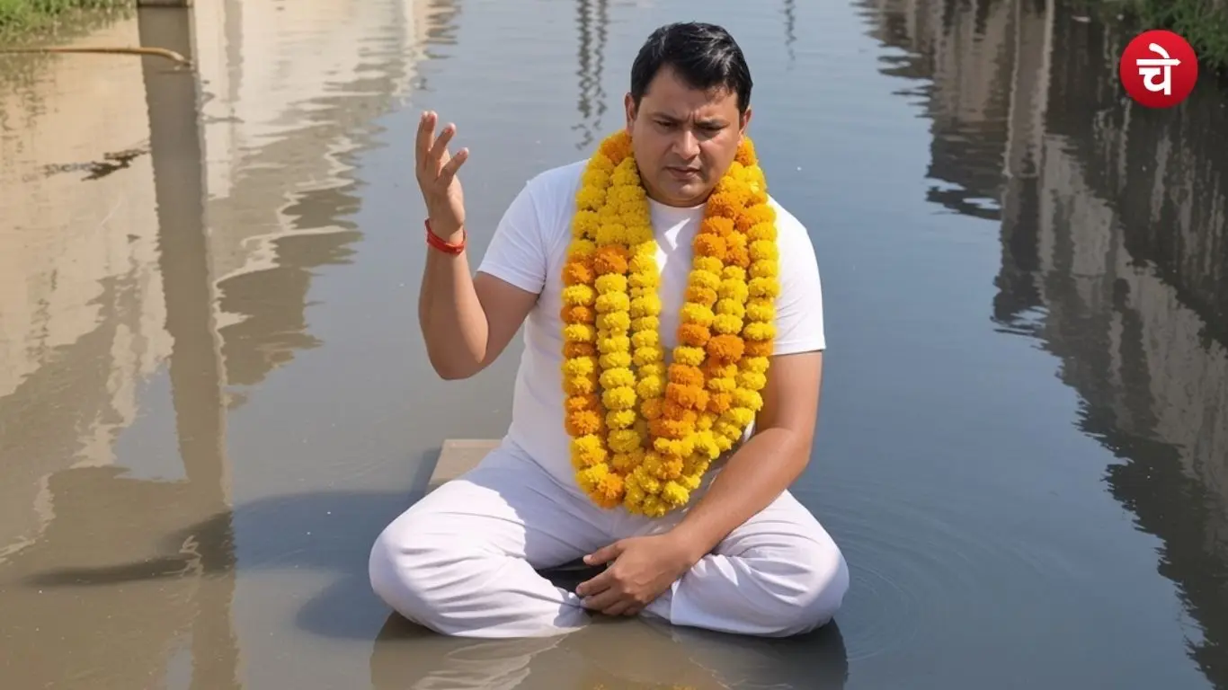 Advocates sit in stagnant, dirty water in protest against waterlogging in Jawali village, Ghaziabad